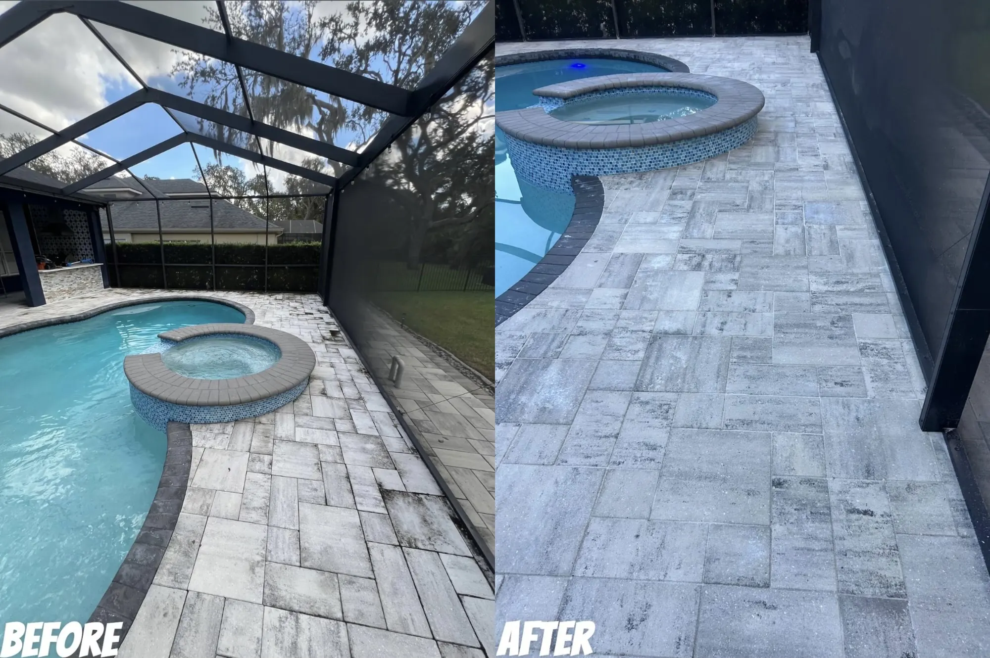 Pool deck and paver cleaning before and after in the Tampa Bay area by JNT